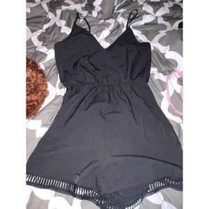 Shein Surplice Neck Eyelet Lace Hem Slip Romper - Black